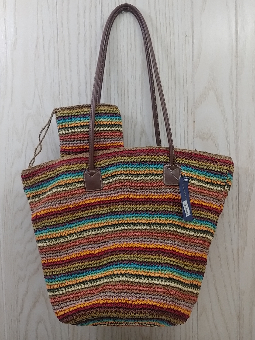 Multicolor Striped Knit Tote with Brown Shoulder Handles